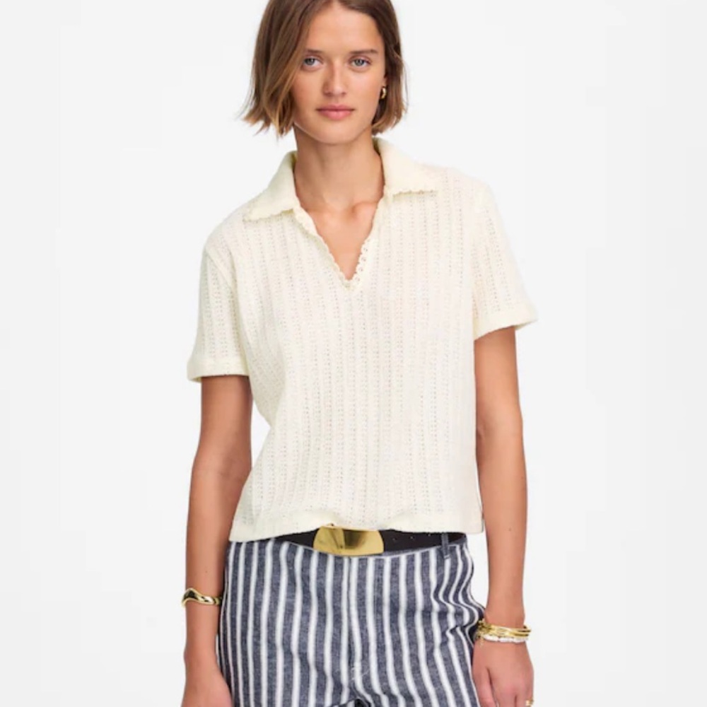 Madewell Crochet Knit Polo Sweater M Ivory CottageCore Coastal Grandma NWT